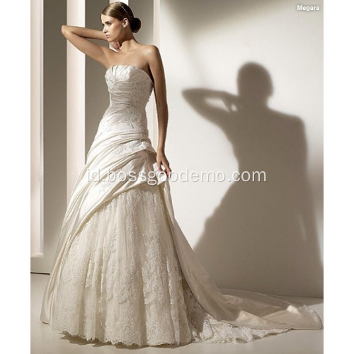 A-Line Strapless Cathedral Train Satin Lace Beading Appliques Wedding Dress